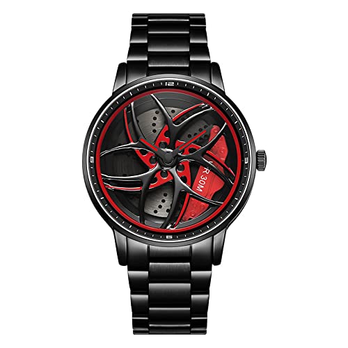 RWXCOW Herren Uhr Kreativ Armbanduhren,Autorad Felgennabenuhr,Auto Rad Felgen Nabe Uhr, Männer Sport Wasserdicht Custom Design Armbanduhr,3D Auto Rad Felge Nabe Quarz Herrenuhr (B-Stahlbandschwarz) von RWXCOW