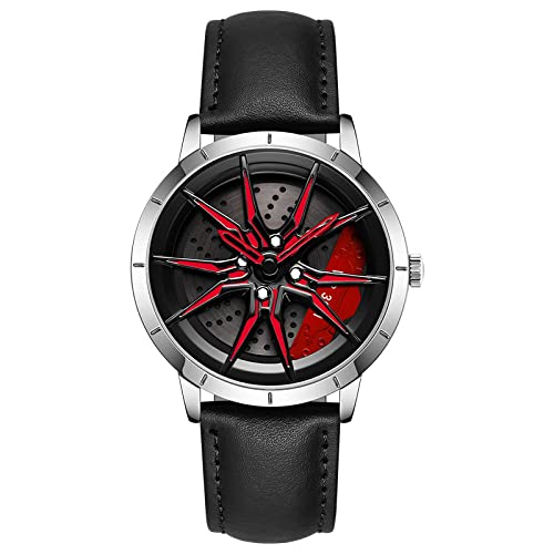 Herren Uhr Kreativ Armbanduhren,Autorad Felgennabenuhr,Auto Rad Felgen Nabe Uhr, Männer Sport Wasserdicht Custom Design Armbanduhr,3D Auto Rad Felge Nabe Quarz Herrenuhr (C-Lederriemensilber+rot) von RWXCOW