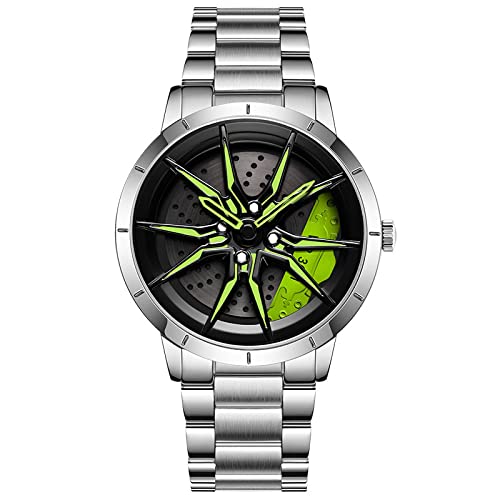 Herren Uhr Kreativ Armbanduhren,Autorad Felgennabenuhr,Auto Rad Felgen Nabe Uhr, Männer Sport Wasserdicht Custom Design Armbanduhr,3D Auto Rad Felge Nabe Quarz Herrenuhr (C-StahlbandSilber+grün) von RWXCOW