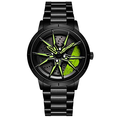 Herren Uhr Kreativ Armbanduhren,Autorad Felgennabenuhr,Auto Rad Felgen Nabe Uhr, Männer Sport Wasserdicht Custom Design Armbanduhr,3D Auto Rad Felge Nabe Quarz Herrenuhr (C-Stahlbandschwarz+grün) von RWXCOW