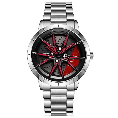 Herren Uhr Kreativ Armbanduhren,Autorad Felgennabenuhr,Auto Rad Felgen Nabe Uhr, Männer Sport Wasserdicht Custom Design Armbanduhr,3D Auto Rad Felge Nabe Quarz Herrenuhr (C-Stahlbandsilber+rot) von RWXCOW
