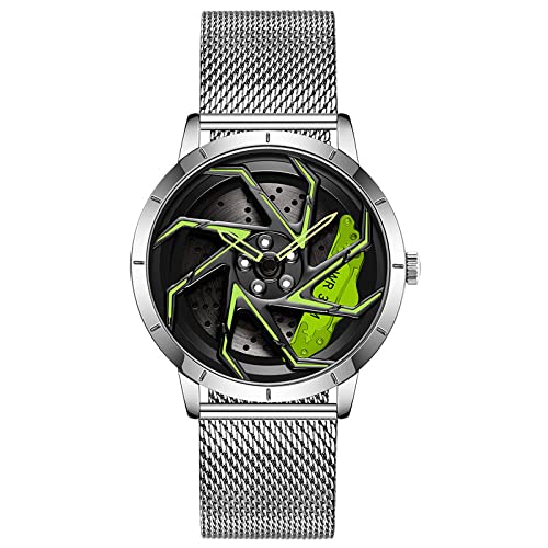 Herren Uhr Kreativ Armbanduhren,Autorad Felgennabenuhr,Auto Rad Felgen Nabe Uhr, Männer Sport Wasserdicht Custom Design Armbanduhr,3D Auto Rad Felge Nabe Quarz Herrenuhr （D-Maschengürtelsilber+grün） von RWXCOW