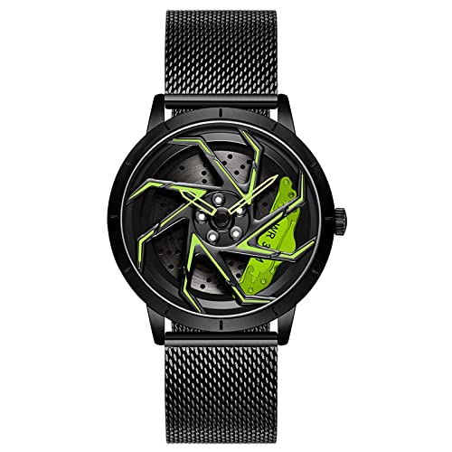 Herren Uhr Kreativ Armbanduhren,Autorad Felgennabenuhr,Auto Rad Felgen Nabe Uhr, Männer Sport Wasserdicht Custom Design Armbanduhr,3D Auto Rad Felge Nabe Quarz Herrenuhr (D-NetzgürtelSchwarz+grün) von RWXCOW