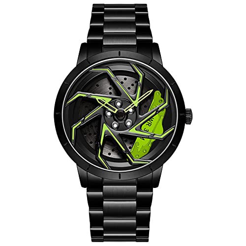 Herren Uhr Kreativ Armbanduhren,Autorad Felgennabenuhr,Auto Rad Felgen Nabe Uhr, Männer Sport Wasserdicht Custom Design Armbanduhr,3D Auto Rad Felge Nabe Quarz Herrenuhr (D-StahlbandSchwarz+grün) von RWXCOW