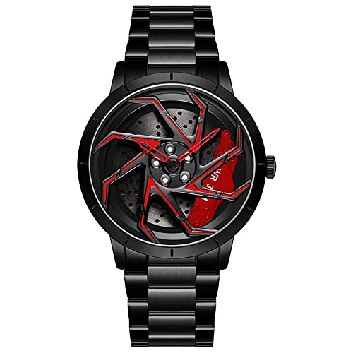 Herren Uhr Kreativ Armbanduhren,Autorad Felgennabenuhr,Auto Rad Felgen Nabe Uhr, Männer Sport Wasserdicht Custom Design Armbanduhr,3D Auto Rad Felge Nabe Quarz Herrenuhr (D-StahlbandSchwarz+rot) von RWXCOW