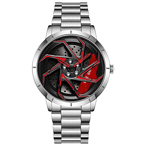 Herren Uhr Kreativ Armbanduhren,Autorad Felgennabenuhr,Auto Rad Felgen Nabe Uhr, Männer Sport Wasserdicht Custom Design Armbanduhr,3D Auto Rad Felge Nabe Quarz Herrenuhr (D-StahlbandSilber+rot) von RWXCOW