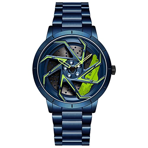 RWXCOW Herren Uhr Kreativ Armbanduhren,Autorad Felgennabenuhr,Auto Rad Felgen Nabe Uhr, Männer Sport Wasserdicht Custom Design Armbanduhr,3D Auto Rad Felge Nabe Quarz Herrenuhr (D-Stahlbandblau+grün) von RWXCOW