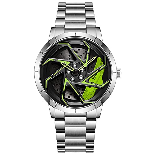 Herren Uhr Kreativ Armbanduhren,Autorad Felgennabenuhr,Auto Rad Felgen Nabe Uhr, Männer Sport Wasserdicht Custom Design Armbanduhr,3D Auto Rad Felge Nabe Quarz Herrenuhr （D-Stahlbandsilber+grün） von RWXCOW