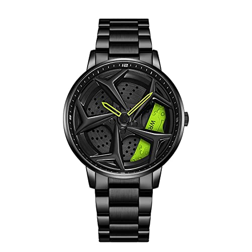 RWXCOW Herren Uhr Kreativ Armbanduhren,Autorad Felgennabenuhr,Auto Rad Felgen Nabe Uhr, Männer Sport Wasserdicht Custom Design Armbanduhr,3D Auto Rad Felge Nabe Quarz Herrenuhr （E-StahlbandSchwarz） von RWXCOW