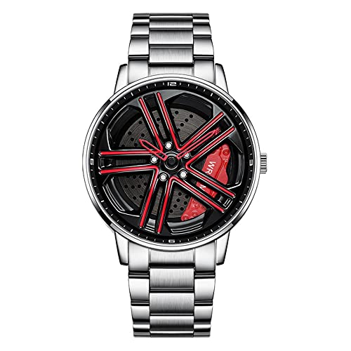 Herren Uhr Kreativ Armbanduhren,Autorad Felgennabenuhr,Auto Rad Felgen Nabe Uhr, Männer Sport Wasserdicht Custom Design Armbanduhr,3D Auto Rad Felge Nabe Quarz Herrenuhr （F-StahlbandSilber+rot） von RWXCOW