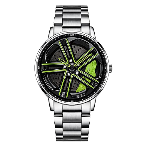 Herren Uhr Kreativ Armbanduhren,Autorad Felgennabenuhr,Auto Rad Felgen Nabe Uhr, Männer Sport Wasserdicht Custom Design Armbanduhr,3D Auto Rad Felge Nabe Quarz Herrenuhr （F-Stahlbandsilber+grün） von RWXCOW