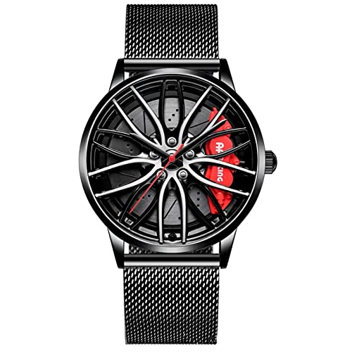 RWXCOW Herren Uhr Kreativ Armbanduhren,Autorad Felgennabenuhr,Auto Rad Felgen Nabe Uhr, Männer Sport Wasserdicht Custom Design Armbanduhr,3D Auto Rad Felge Nabe Quarz Herrenuhr Netzgürtelrot von RWXCOW