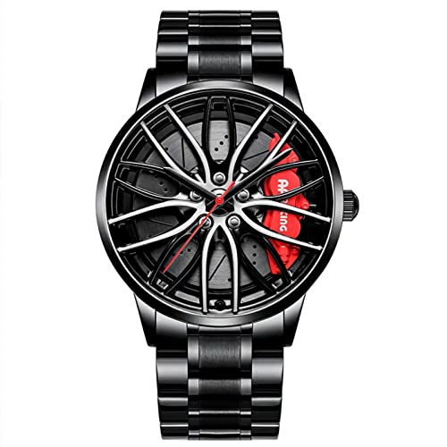 RWXCOW Herren Uhr Kreativ Armbanduhren,Autorad Felgennabenuhr,Auto Rad Felgen Nabe Uhr, Männer Sport Wasserdicht Custom Design Armbanduhr,3D Auto Rad Felge Nabe Quarz Herrenuhr Stahlbandrot von RWXCOW