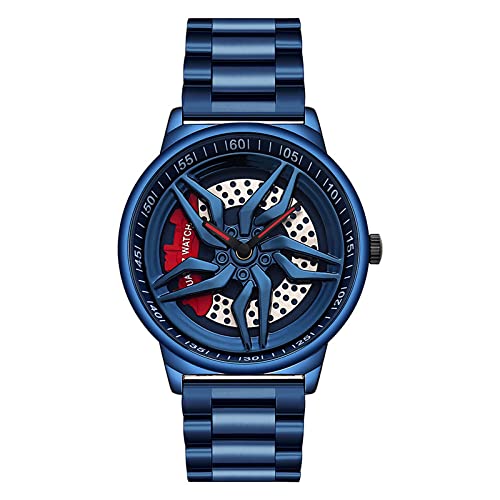 RWXCOW Herren Uhren, Auto Rad Felgen Nabe Uhr, Hohl wasserdicht Sport Uhr für Herren Geschenke Armbanduhren Blau（Stahlband） von RWXCOW