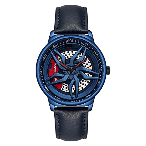 RWXCOW Herren Uhren, Auto Rad Felgen Nabe Uhr, Hohl wasserdicht Sport Uhr für Herren Geschenke Armbanduhren Blau (Lederriemen) von RWXCOW