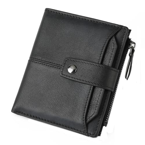 RWXCOW GeldböRse Herren Leder Brieftasche GroßE KapazitäT Multi-Card-Portemonnaie Brieftasche Kurze MüNze Geldbeutel Kopf Schicht Rindsleder Geld Clip Portmonee Tasche Schwarz von RWXCOW