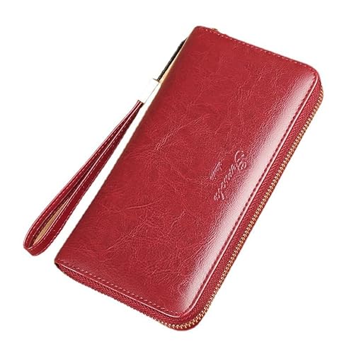 RWXCOW Groß GeldböRsen Damen Weich Leder Portemonnaie Elegant mit ReißVerschluss und MüNzgeldböRse Viele Kartenpositionen GroßE KapazitäT RFID Weinrot von RWXCOW
