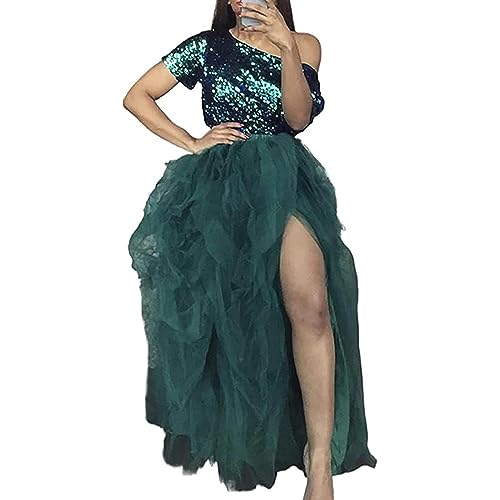 RWYBEYW Damen Tüll Tutu Rock Hohe Taille Bodenlang Rock Split Layered Puffy Rock Abend Party Maxi Langer Rock, dunkelgrün, Einheitsgröße von RWYBEYW