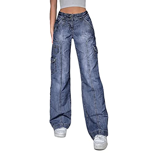 RWYBEYW Damen Y2k Baggy Denim Jeans Hose Niedrige Taille Vintage Hose Slim Taschen Flare Hosen Ästhetik E-Girl Streetwear, blau, S von RWYBEYW