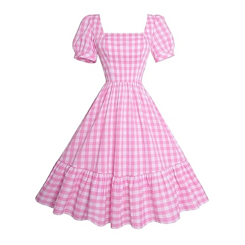 RWYBEYW Damenkleid im Stil der 1950er-Jahre, Gingham-Kleid, Weihnachtsfilm, Cosplay, Kostüm, kariert, Cocktail-Party, gestuftes Swing-Kleid, Rosa Puffärmel, M von RWYBEYW