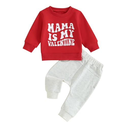 RWYBEYW Kleinkind Baby Jungen Valentinstag Outfit Snacks Are My Love Language Langarm Sweatshirt und Hose Herbst Kleidung Set, Gray-Mama is my Valentine, 6-12 Months von RWYBEYW