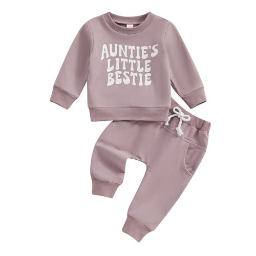 RWYBEYW Kleinkind Baby Mädchen Tante Outfits Lustige Buchstaben Langarm Rundhalsausschnitt Sweatshirt Tops und Hose Herbst Winter Kleidung Set, A# Purple, 0-6 Months von RWYBEYW