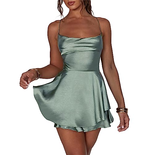 RWYBEYW Women Sexy Backless Short Romper Silk Satin Mini Dress Cowl Neck Cross Tie Ruffle Spaghetti Strap Jumpsuit Mini Dress (Blue Gray, L) von RWYBEYW