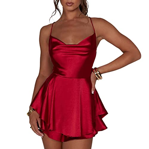 RWYBEYW Women Sexy Backless Short Romper Silk Satin Mini Dress Cowl Neck Cross Tie Ruffle Spaghetti Strap Jumpsuit Mini Dress (Red, L) von RWYBEYW