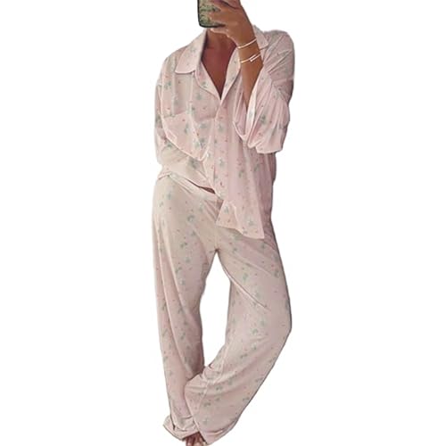 RWYBEYW Y2K Lounge-Sets für Damen, 2-teiliges Blumenmuster, Button-Down-Shirt, weites Bein, Palazzo, lange Hose, passende Pyjama-Outfit-Sets, A # Island Pink Pant Set, 38 von RWYBEYW