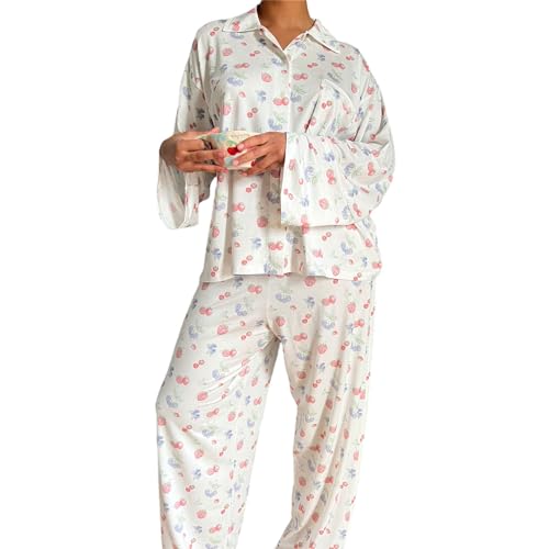 RWYBEYW Y2K Lounge-Sets für Damen, 2-teiliges Blumenmuster, Button-Down-Shirt, weites Bein, Palazzo, lange Hose, passende Pyjama-Outfit-Sets, A# Kirschweißes Hosen-Set, 38 von RWYBEYW