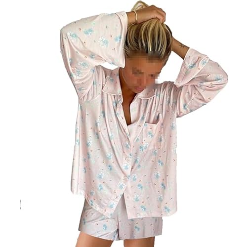 RWYBEYW Y2K Lounge-Sets für Damen, 2-teiliges Blumenmuster, Button-Down-Shirt, weites Bein, Palazzo, lange Hose, passende Pyjama-Outfit-Sets, B # Floral Pink Shorts Set, 36 von RWYBEYW