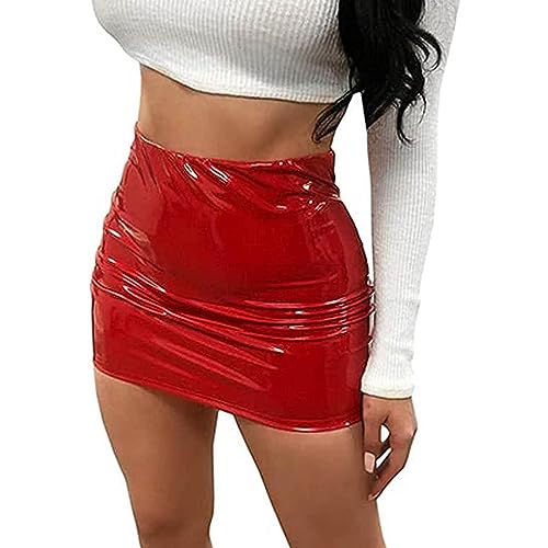 RWYBEYW Y2k Leder Minirock für Frauen Hohe Taille Bodycon Bleistiftröcke Sexy Glänzend Metallic Kurzer Rock, rot, 40 von RWYBEYW