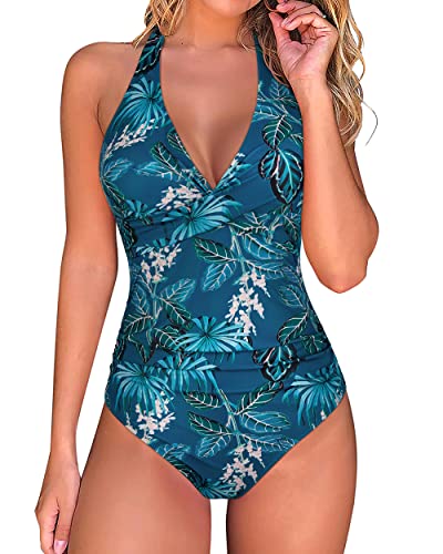 RXRXCOCO Badeanzug Damen Bauchweg Push Up Shape Bademode Neckholder Badeanzug Rückenfrei Blau Blumen S von RXRXCOCO