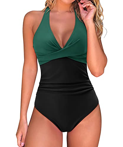 RXRXCOCO Badeanzug Damen Bauchweg Push Up Shape Bademode Neckholder Badeanzug Rückenfrei Blau Blumig Size L von RXRXCOCO