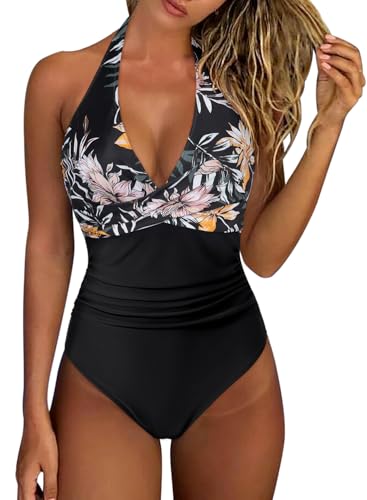RXRXCOCO Badeanzug Damen Bauchweg Push Up Shape Bademode Neckholder Badeanzug Rückenfrei Blumen Schwarz S von RXRXCOCO