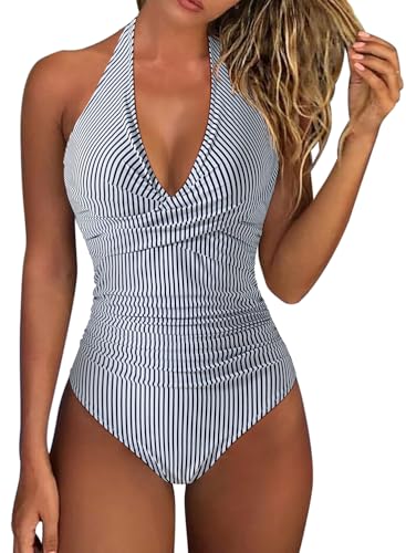 RXRXCOCO Badeanzug Damen Bauchweg Push Up Shape Bademode Neckholder Badeanzug Rückenfrei Schwarz Gestreift XL von RXRXCOCO