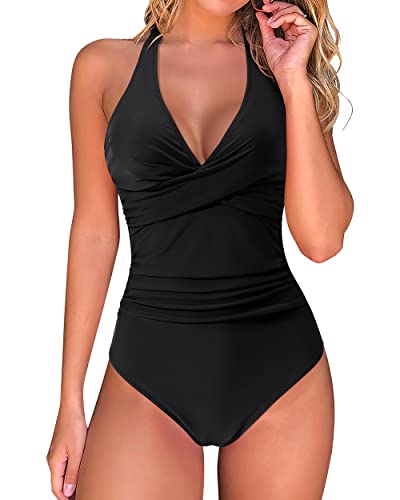 RXRXCOCO Badeanzug Damen Bauchweg Push Up Shape Bademode Neckholder Badeanzug Rückenfrei Schwarz Size L von RXRXCOCO