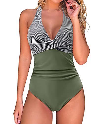 RXRXCOCO Badeanzug Damen Bauchweg Push Up Shape Bademode Neckholder Badeanzug Rückenfrei Streifen Grün S von RXRXCOCO