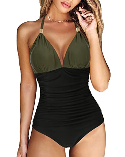 RXRXCOCO Badeanzug Damen Raffungen Bauchweg V Ausschnitt Push Up Shape Bademode Neckholder Einteilige Rückenfrei Badeanzug Armeegrün Schwarz XXL von RXRXCOCO