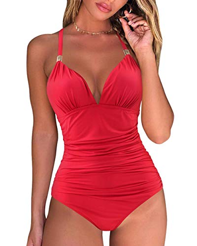 RXRXCOCO Badeanzug Damen Raffungen Bauchweg V Ausschnitt Push Up Shape Bademode Neckholder Einteilige Rückenfrei Badeanzug Rot L von RXRXCOCO