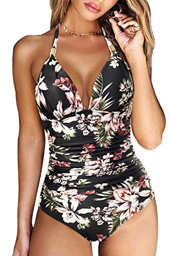 RXRXCOCO Badeanzug Damen Raffungen Bauchweg V Ausschnitt Push Up Shape Bademode Neckholder Einteilige Rückenfrei Badeanzug Schwarz Blume XXL von RXRXCOCO