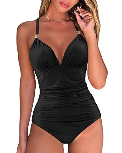 RXRXCOCO Badeanzug Damen Raffungen Bauchweg V Ausschnitt Push Up Shape Bademode Neckholder Einteilige Rückenfrei Badeanzug Schwarz Size L von RXRXCOCO