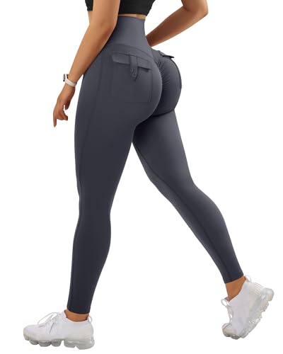RXRXCOCO Cargo High Waist Sport Leggings Damen Lang Blickdicht Push Up Sporthose Scrunch Booty Gym Leggings mit Taschen Grau M von RXRXCOCO