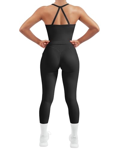 RXRXCOCO Cross Back Sport Sets für Damen 2 Teilige Gepolsterte Tank-Tops mit Versteckten Scrunch Leggings Fitness Outfits mit Taschen von RXRXCOCO