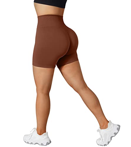 RXRXCOCO Damen Blickdicht Nahtlose High Waisted Kurze Sporthose Gym Sport Shorts Kurze Laufhose Radlerhose #1 Rostrot Size L von RXRXCOCO