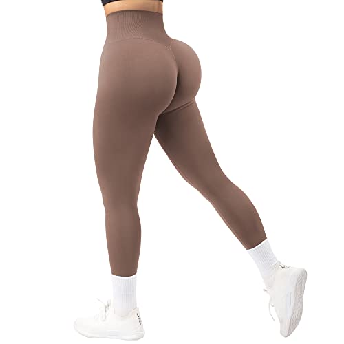 RXRXCOCO Damen Blickdicht Nahtlose Leggings Lang Figurbetonte High Waisted Bauchweg Sports Laufhose Gym Leggings Kaffee（L） von RXRXCOCO