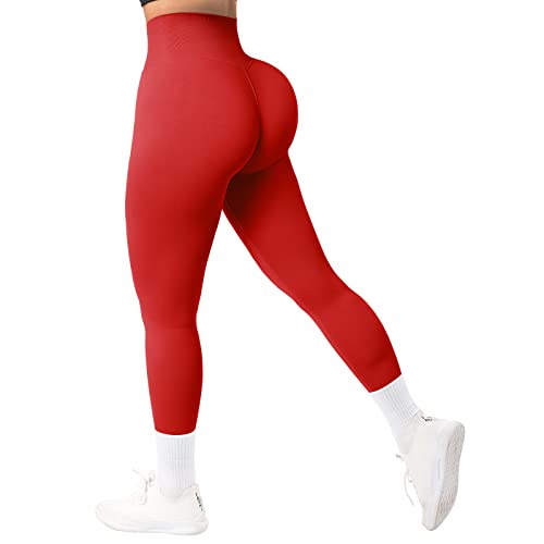 RXRXCOCO Damen Blickdicht Nahtlose Leggings Lang Figurbetonte High Waisted Bauchweg Sports Laufhose Gym Leggings Karminrot（L） von RXRXCOCO