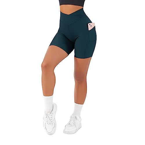 RXRXCOCO Damen Cross Waist Gerippte Kurze Sporthose mit Handytasche Nahtlos Gym Sport Shorts Kurze Laufhose Radlerhose Dunkelgrün Size L von RXRXCOCO