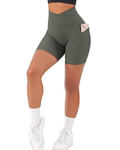 RXRXCOCO Damen Cross Waist Gerippte Kurze Sporthose mit Handytasche Nahtlos Gym Sport Shorts Kurze Laufhose Radlerhose Grün Size M von RXRXCOCO