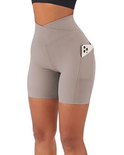 RXRXCOCO Damen Cross Waist Gerippte Kurze Sporthose mit Handytasche Nahtlos Gym Sport Shorts Kurze Laufhose Radlerhose Khaki Size M von RXRXCOCO